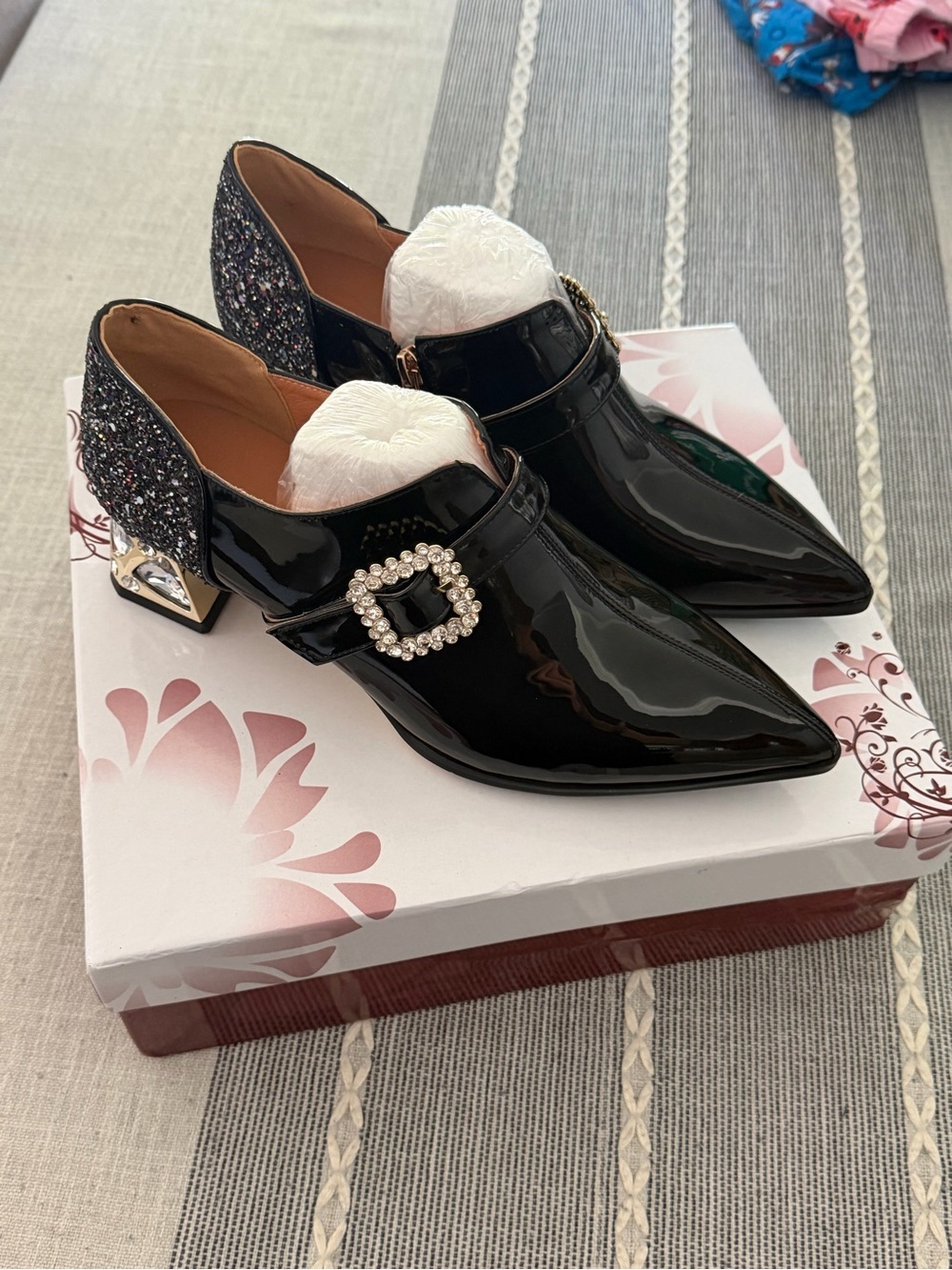 Black Patent Pointed Toe Low Heel Pumps with Crystal Buckle and Glitter Heel